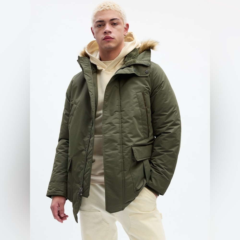 Gap Men’s Olive Green Winter Parka Cold Control Max Snorkel Coat Size Large - Picture 2 of 16